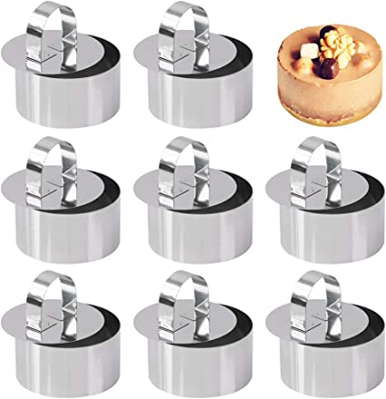 Set of 8 - Round Cake Ring Cake Molds, Stainless Steel Mousse and Pastry Mini Baking Ring Mold, Food Rings Cake Rings Dessert Rings Set Including 8 Rings & 8 Food Presses (3.15" x1.6")