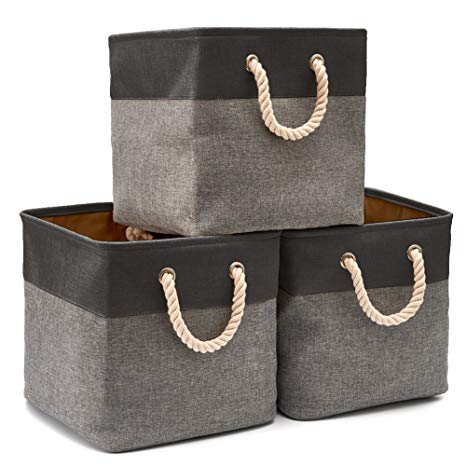 Collapsible Storage Bin Cube Basket [3-Pack] EZOWare Foldable Canvas Fabric Tweed Storage Bin Set with Handles for Home Office Closet (13 x 13 x 13 inches) (Black/Gray)