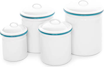 Enamelware Canister Set, 4 piece, Vintage White/Turquoise
