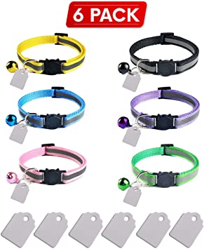 Elanz 6 Pack Reflective Breakaway Cat Collar with Bell & ID Tag – Adjustable, Super Soft, Durable Nylon Cat Collars – Multicolor with Safety Buckles & Weatherproof ID Tags for Kittens & Cats