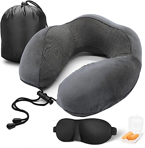 VASLON Travel Pillow 100% Pure Memory Foam Neck Pillow,Comfortable & Breathable Cover, Machine Washable, Travel Kit with 3D Contoured Eye Masks, Earplugs, and Luxury Bag (Dark Grey)