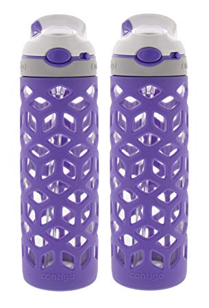 Contigo AUTOSPOUT Straw Ashland Glass Water Bottle w/Silicone Sleeve - BPA Free & Top Rack Dishwasher Safe–Tasteless & Odorless Drinking - Great for Sports, Gym, Home, Travel, 20oz, Grapevine (2 Pack)