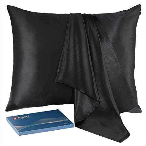 J JIMOO Natural Silk Pillowcase,for Hair and Skin with Hidden Zipper, 22 Momme 600 Thread Count 100% Mulberry Silk (Standard 20''×26'', Black, 1 Piece)