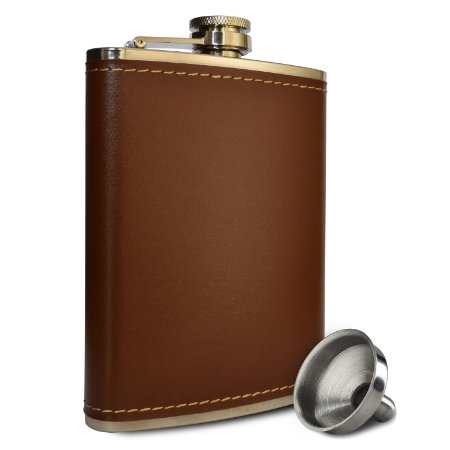 Premium 8 oz Leather Wrap Outdoor Adventure Flask 304 Stainless Steel Liquor Hip Flask by Future Hydrate - Includes Free Bonus Funnel (8 ounce capacity)