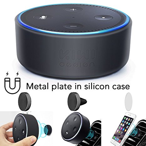 Wall/Car Magnetic Mount and Case for Echo Dot, Metal Plates Inside Silicon Case More Safety for Echo Dot 2 Car Air Vent Holder also for Smartphones by Kiwi Design (Black)