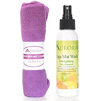 Aurorae Aromatherapy Essential Oil Yoga Mat Wash Cleaner. Free Microfiber Cleaning Towel included with Lavender, Citrus and Eucalyptus Only