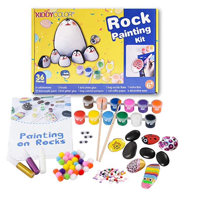KIDDYCOLOR 36 Pieces Rock Painting Craft Kits Art Set for Kids DIY Creative Art Set Fun Googly Eyes, Easy Transfer Design for Boys & Girls