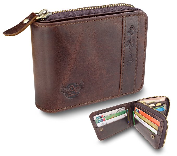 Admetus Mens Genuine Leather Bifold Zip-around Wallet with Elegant Gift Box