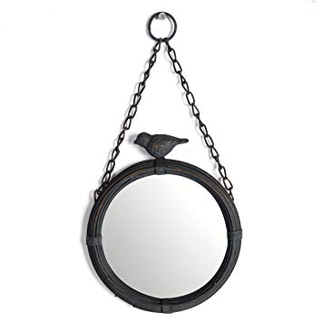 NIKKY HOME Shabby Chic Metal Wall Hanging Round Mirror with Sparrow, Matt Black