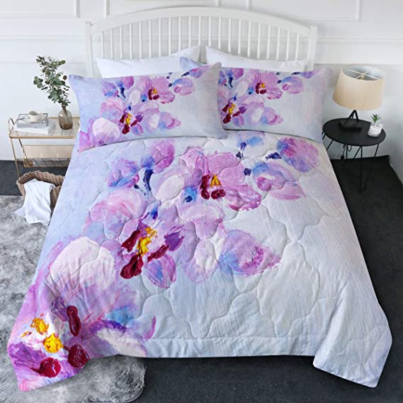 BlessLiving Lilac Watercolor Chic Floral Reversible Comforter Sets Full/Queen Retro Flowers Pattern Comforter Bedding Quilt Sets 1 Comforter 2 Pillowcases Romantic Roses Bedding for Women