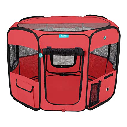 Pawdle Deluxe Premium Foldable Portable Traveling Exercise Pet Playpen Kennel Cats, Dogs, Kittens and All Pets - Travel Carrying Case - in Ground Stakes - Removable Shaded Cover and Bottom by