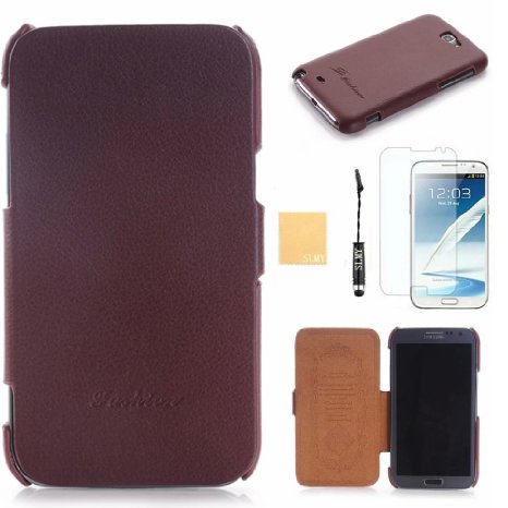 Galaxy Note 2 Leather Case,SLMY(TM)[Perfect Fit] Luxury Series Genuine Leather Flip Case for Samsung Galaxy Note 2,with Screen Protector, Stylus and Cleaning Cloth Brown