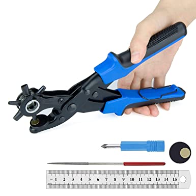 PeoTRIOL Leather Hole Punch, Belt Puncher, Revolving Punch Plier, Multifunctional Hole Tool for Belt Watch Strap Shoe Fabric Paper with a Ruler, Brass Pad, Screwdriver, Grinding Rod (Blue/Red Random)