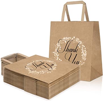 Thank you Gift Bags 50pcs, Bulk Brown Kraft Paper Bags with Handle For Retail Shopping, Goodies, Business, Wedding Favor, Size 8''x4.7''x10''