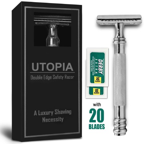 Double Edge Safety Razor with 20 Derby Blades - Gift Set - Chrome Finish 4 inch Long Handle, Rust Free and Unbreakable - By Utopia Care