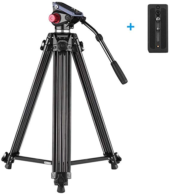 Andoer Video Tripod-67 Inch Professional Video Trideo System with Fluid Hydraulic Head Spare Quick Release Plate Max Load 22LB