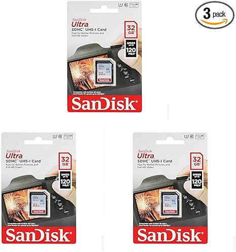 32GB Ultra 100MBs Sandisk SDHC Memory Card (Pack of 3)