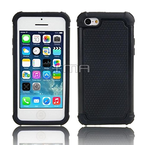 iPhone 5C Rugged Rubber Impact Heavy Duty Hard Dual Layer Shock Proof Case Cover Skin - Black