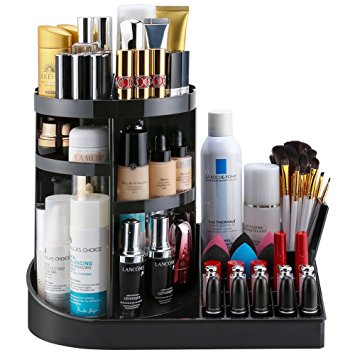 Jerrybox 360 Degree Rotation Cosmetic Storage and Jewelry Display Box, Adjustable Makeup Organizer, Fits Toner, Creams, Makeup Brushes, Lipsticks and More, Black