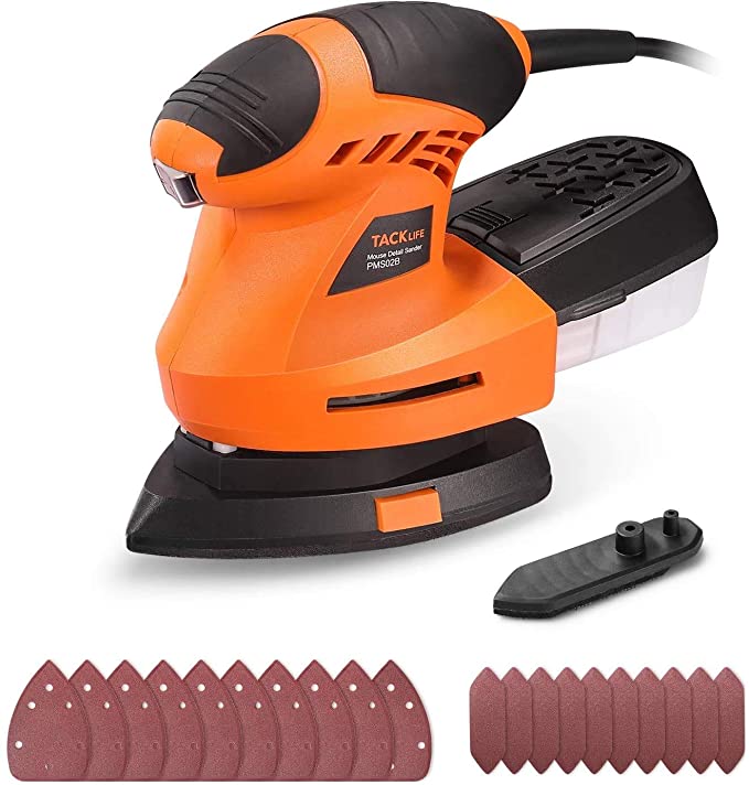 Detail Sander, TACKLIFE Corded Mouse Sander 1.67A 200W with 360° Rotatable Sanding Pad, 20pcs Sanding Paper, 12000 OPM Corner Palm Sander with Finger Pad Mounting, Dust Collection Container | PMS02B