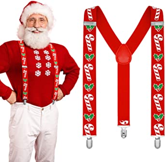 eBoot Christmas 3.5 cm Trouser Braces Candy Cane Mens Braces Elastic Red Braces Suspenders Adjustable Mens Braces for Trousers with Strong Clips