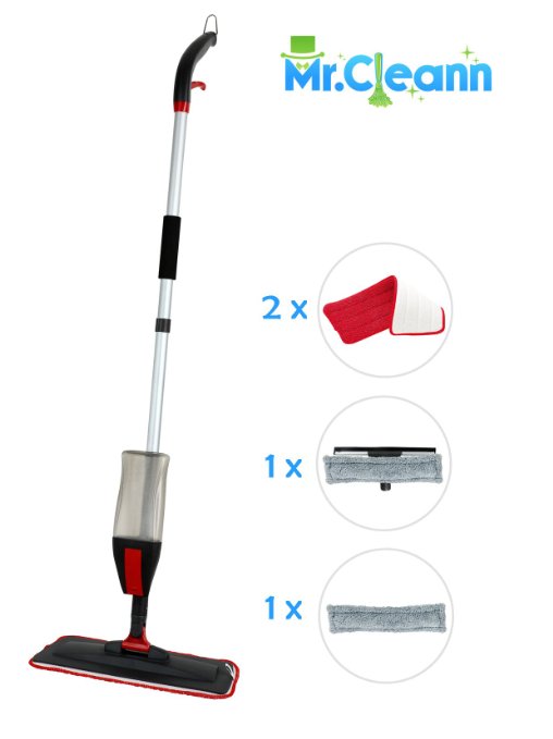 Spray Mop Kit - Mr.Cleann House Cleaning Set Includes 2 Microfibre pads for Hardwood, Ceramic, Vinyl floors and 2 for Windows