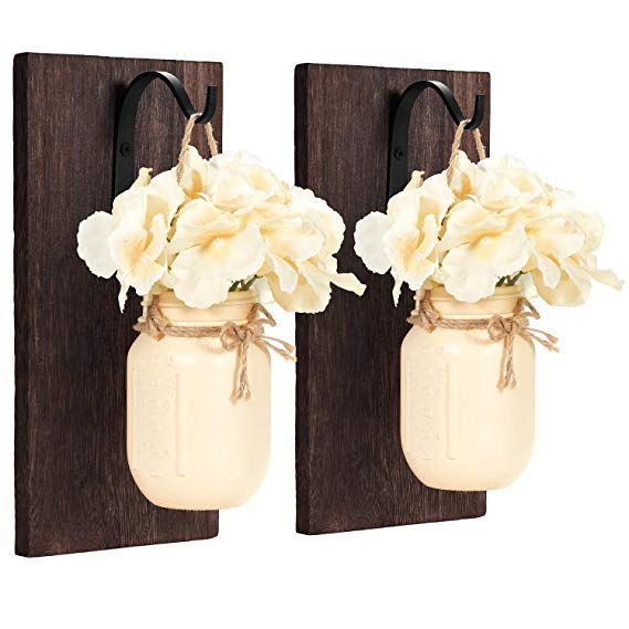 Mkono Mason Jar Sconces Wall Decor Rustic Wall Sconces Set Wood Boards with Hydrangea Flower Wall Art Vintage Home Fall Decor,Cream Yellow (Set of 2)