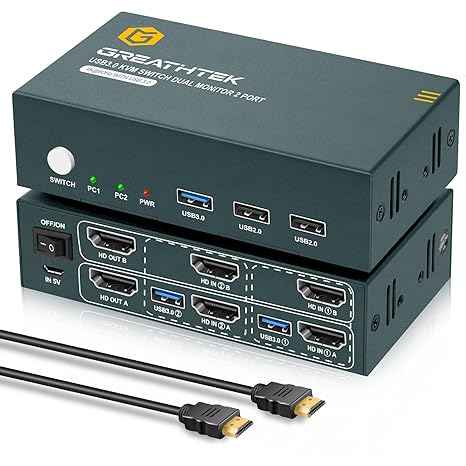 HDMI KVM Switch 2 Monitors 2 Computers, 2 Port Monitors Switcher for 2 Computers Share 2 Monitors and Keyboard Mouse with USB3.0 Port,4K@60 Resolution,with EDID