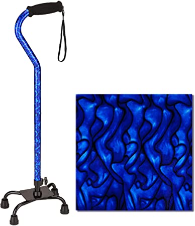 NOVA Designer Quad Cane, Lightweight Four Legged Cane with Soft Grip Handle & Wrist Strap, Height (for users 4’11” - 6’3”) and Left or Right Adjustable, Blue Waves Design