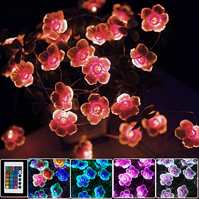 Multicolor Flower Lights Cherry Blossom String Lights Battery Operated & USB Powered, 13ft 40 LED Fairy Lights with Remote Control Timer Decorative Lights for Nursery Girls Bedroom Dorm Wedding Decor