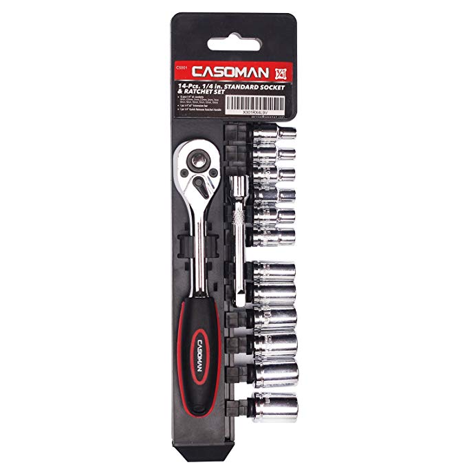 CASOMAN 1/4" Drive Quick Release Ratchet and Cr-V Metric Sockets Set,1/4 Inch Drive Sockets With Ratchet Wrench Set -14-Pieces