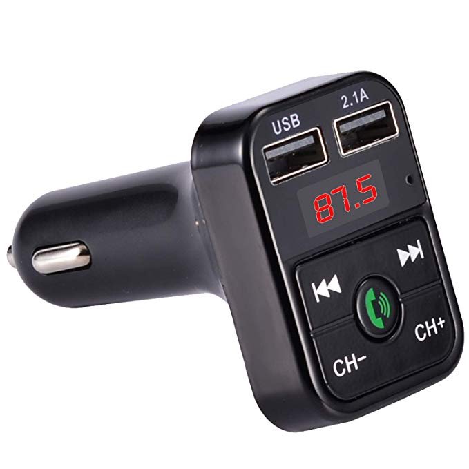 Car Kit Bluetooth FM Transmitter for Car, Wireless Bluetooth Radio Transmitter Adapter with Hand-Free Calling and 5V/3.4A Dual USB Ports Car Charger for iPhone iPad Samsung Smartphones