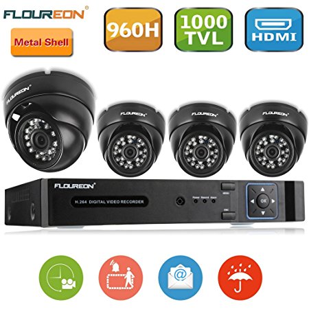 Floureon 8CH 960H CCTV DVR with 4 Dome 1000TVL Waterproof Camera Security Kit (NO HDD)