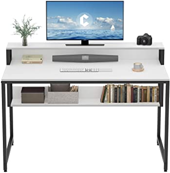 Cubiker Computer Home Office Desk, 47" Small Desk Table with Storage Shelf and Bookshelf, Study Writing Table Modern Simple Style Space Saving Design, White