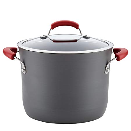 Rachael Ray Hard-Anodized Aluminum Nonstick Covered Stockpot, 8-Quart, Gray with Red Handles