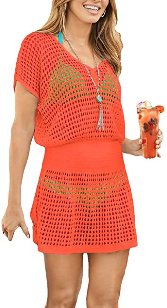 Bsubseach Women Crochet Hollow Out Swim Cover Ups Short Sleeve Beach Swimwear Tunic Dress