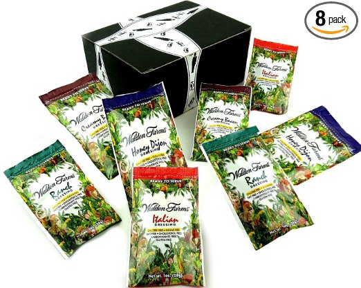 Walden Farms Calorie Free Dressings 4-Flavor Variety: Two 1 oz Packets Each of Honey Dijon, Ranch, Italian, and Creamy Bacon in a BlackTie Box (8 Items Total)