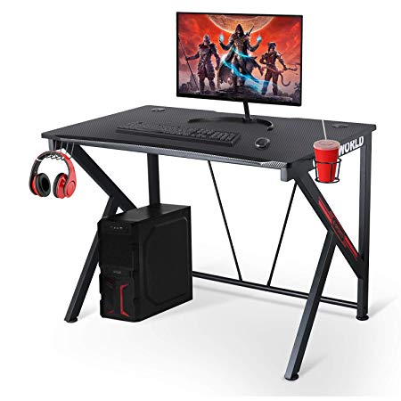 Ergonomic Gaming Desk – 42” K Shaped Computer Table for Home Office Gamer Workstation with Headphone Hook and Cable Management Carbon Fiber Texture Surface(Black)