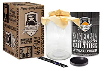 Fermentaholics Kombucha SCOBY (starter culture)   1-Gallon Glass Fermenting Jar with Breathable Cover   Rubber Band   Adhesive Thermometer - Brew kombucha at Home - Detailed Instructions Included