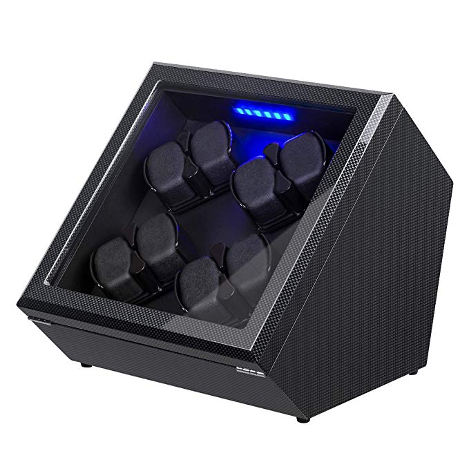 Watch Winder, [Newly Upgraded] Piano Finish Exterior and Soft Flexible Watch Pillows Automatic Watch Winder Box, 8 Winding Spaces with Built-in Illumination (Carbon Fiber/Pine Bark Pattern)