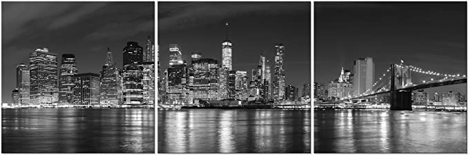 Pyradecor New York City Skyline Night Modern 3 panel Stretched and Framed Black and White Cityscape Giclee Canvas Prints Pictures Paintings on Wall Art for Living Room Bedroom Home Decorations