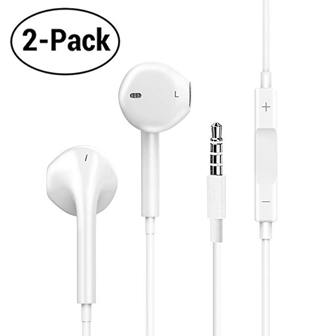 Premium 3.5 mm Earphones/Earbuds/Headphones with Stereo Microphone and In-line Control 2Pack Compatible Android Smart Phones IP Pad Pod and Any Devices with 3.5mm Port