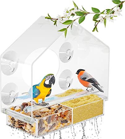 Window Bird Feeder, Large Bird House for Outside. Removable Sliding Tray with Drain Holes, Super Strong Suction Cups, Clear Acrylic Watching & Cleaning for Wild Birds, Finch, Cardinal, Bluebird