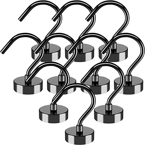 10Pack Black Magnetic Hook, 50LBS Heavy Duty Strong Neodymium Magnetic Hooks, Magnet Hook for Curtain, Refrigerator Magnet Hooks，for Home, Kitchen, Workplace