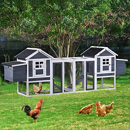 124.4" Chicken Coop Hen House with Nesting Boxes Wooden Small Animal Cage for Chicks Outdoor Rabbit Hutch Bunny Cage with 2 Run Play Area, Ramps, Waterproof Roof & Pull Out Tray