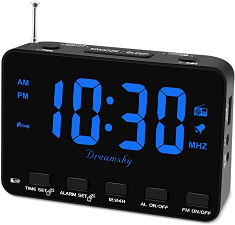DreamSky Alarm Clock Radio for Bedroom - Small Digital Clock with USB Port, Outlet Powered with Battery Backup, 0-100% Dimmable Display, Transistor FM Radio with Earphone Jack, Snooze, 12/24H