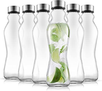 JoyJolt Spring Glass Water Bottles Set of 6 - 18 oz Glass Bottles with Stainless Steel Caps - Glass Drinking Bottles with Leakproof Lids - Reusable Glass Juice Bottle - Container Bottle Set