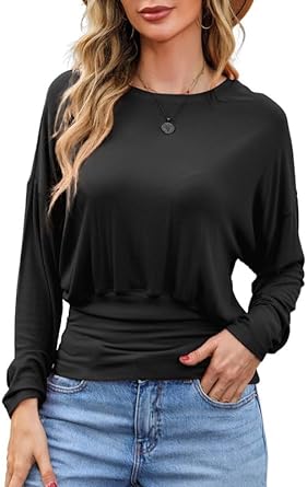 Dokotoo Womens Dolman Sleeve Tops Casual Crewneck Long Sleeve Banded Bottom Tops Ribbed Knit Thin T-Shirts with Shirring