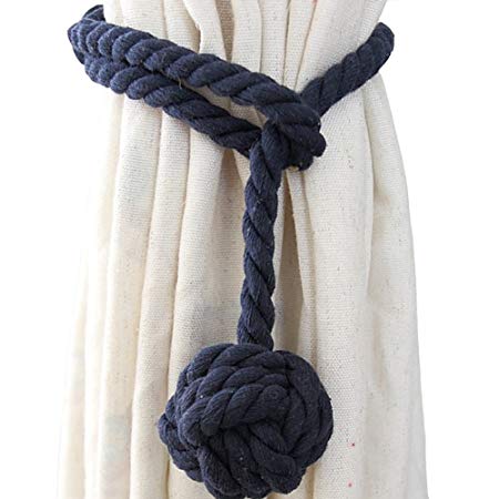 Shinywear 2 Pieces Retro Handmade Curtain Ropes Holdbacks Rural Knot Ball Cotton Cord Drapery Tiebacks Tie Band (Navy blue)