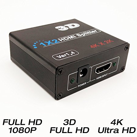 HDMI Splitter, Tricess (ver 1.4 certified for Ultra HD 4K x 2K, 3D, Full HD 1080P) 1-in-2-out Powered Amplifier HDMI Repeater Signal Distributor, HDCP 1.4 Protocol Compliant (1 hdmi to 2 hdmi)
